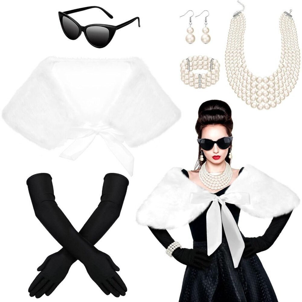 Vintage 1920s Flapper Costume Accessory Set Faux Fur Shawl Gloves Pearl Necklace